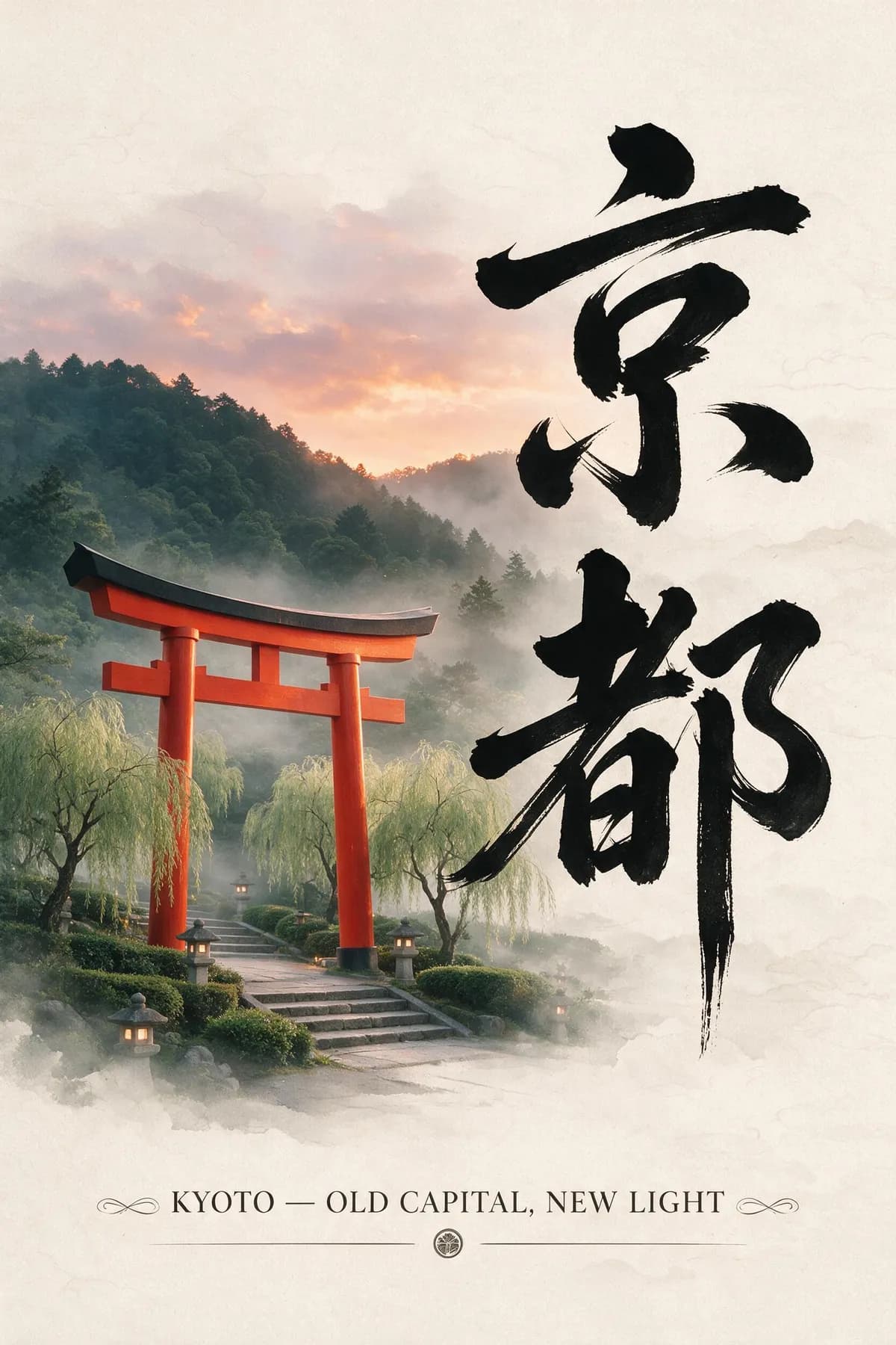 Seedream 5 Pro Kyoto travel poster with Japanese calligraphy and English subtitle