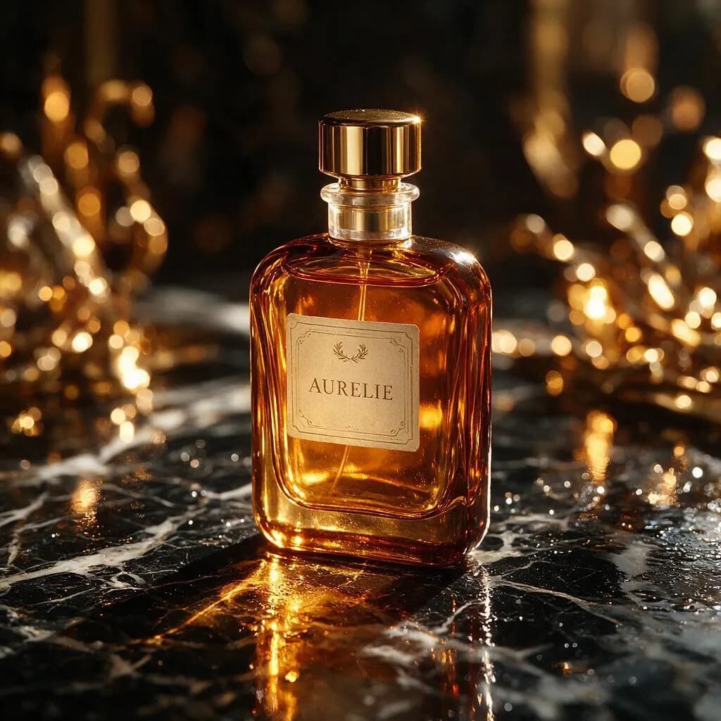 Seedream 5 Pro product photo of a perfume bottle with a serif label on wet marble