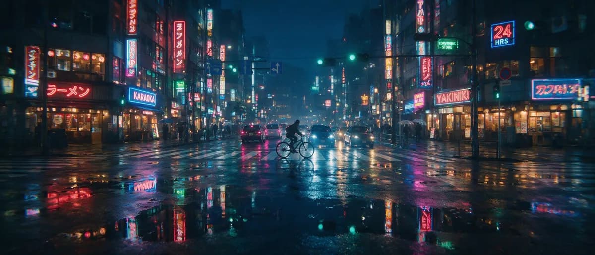 Seedream 5 Pro ultra-wide 21:9 cinematic rainy night street scene