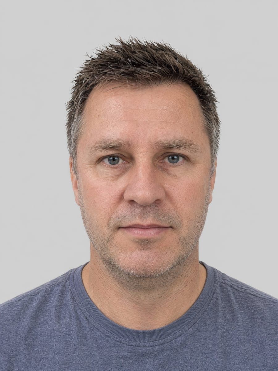 Compliant AI ID photo result — Schengen Visa — 35 × 45 mm, light gray