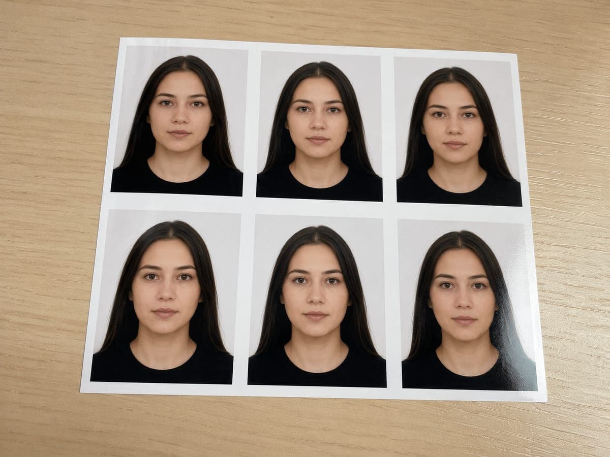Printed 4x6 sheet of identical passport photos on glossy photo paper