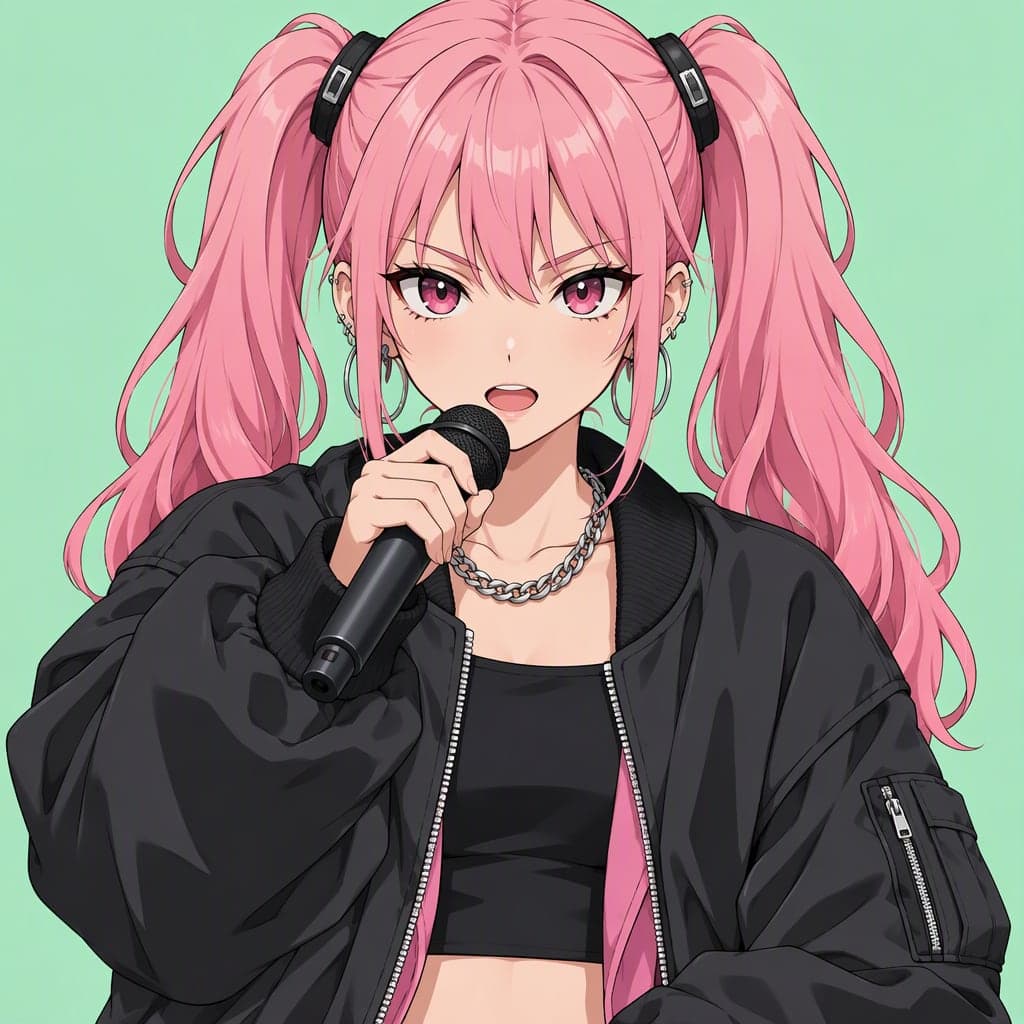 Anime-style girl rapper with pink twin tails and a mic
