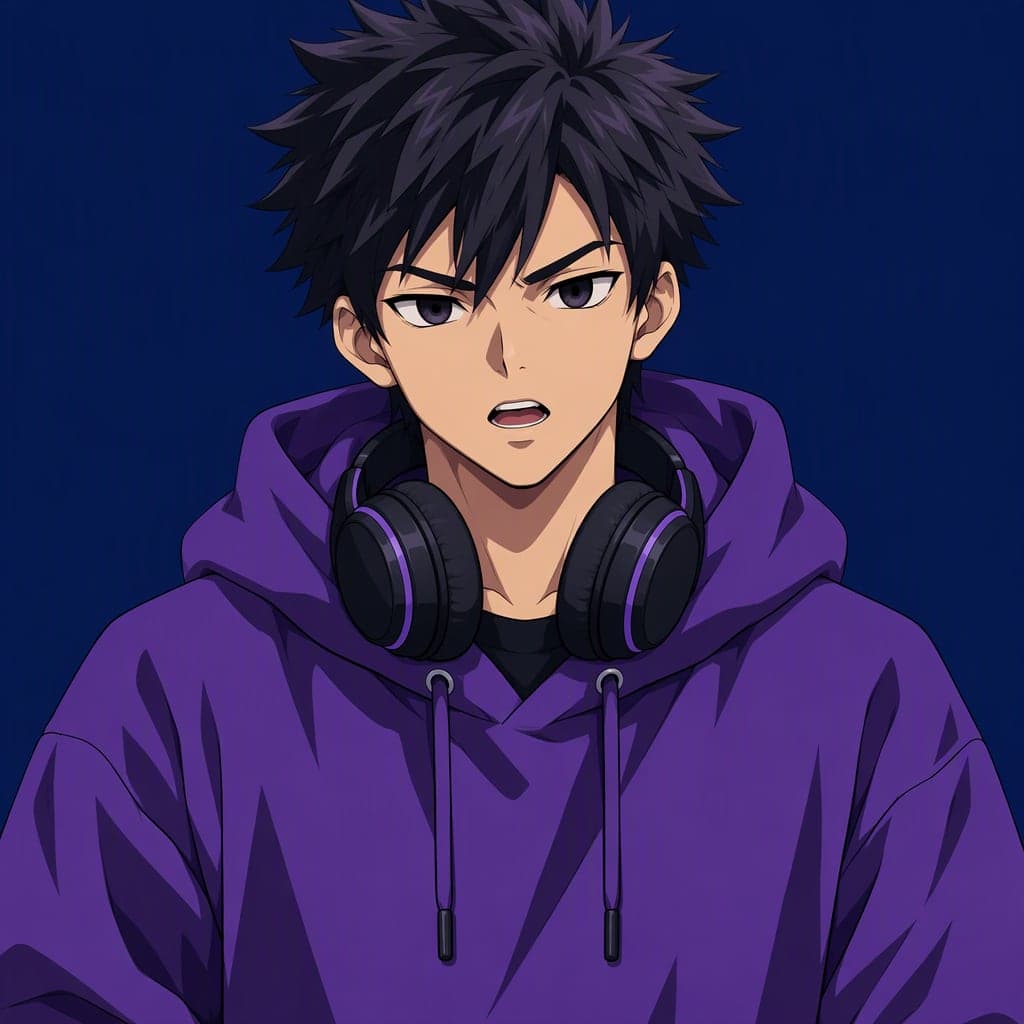 Anime-style boy rapper in a purple hoodie with headphones