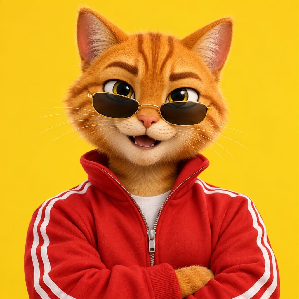 Animated orange tabby cat mascot in a red tracksuit and sunglasses