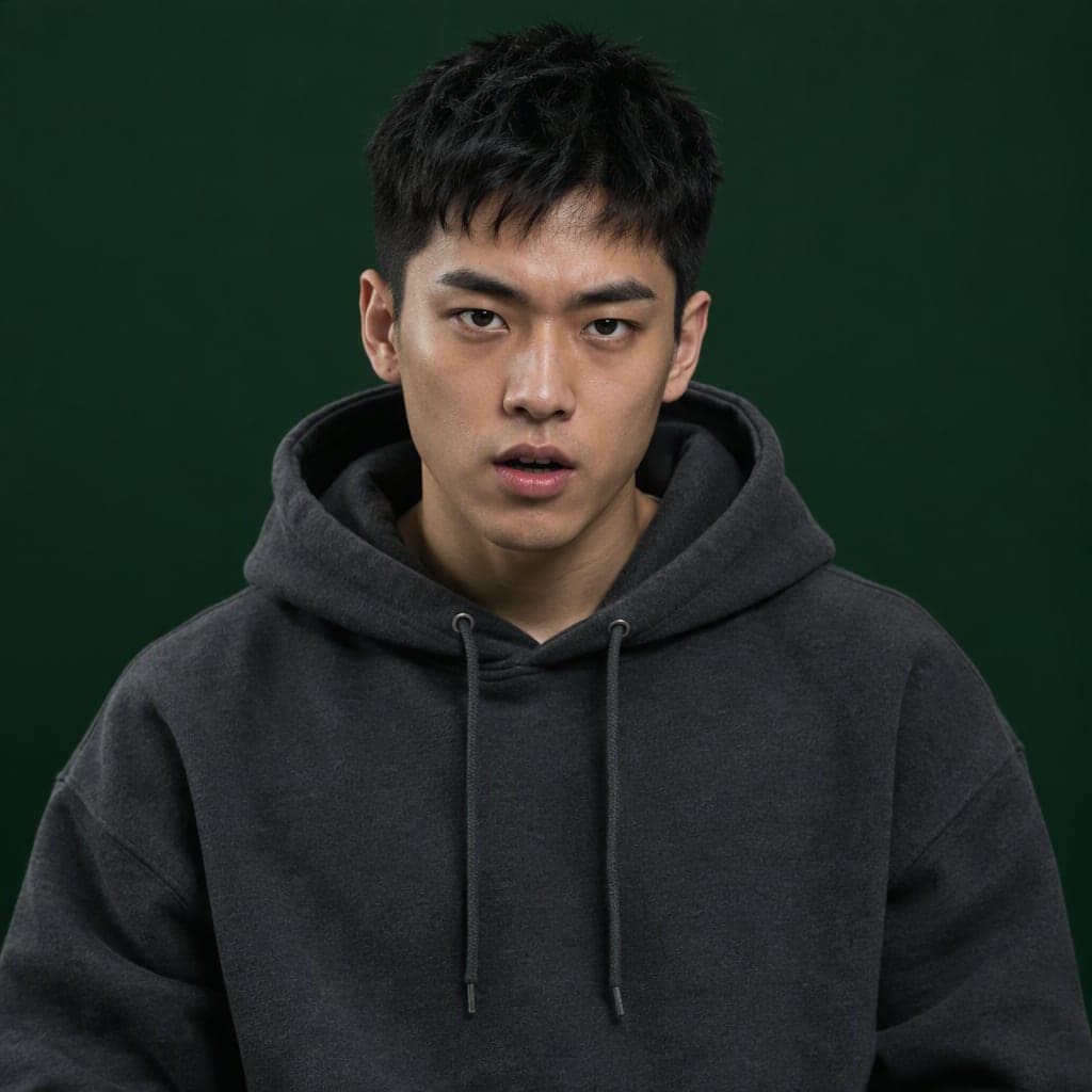 Man in a dark grey hoodie with a calm, intense look