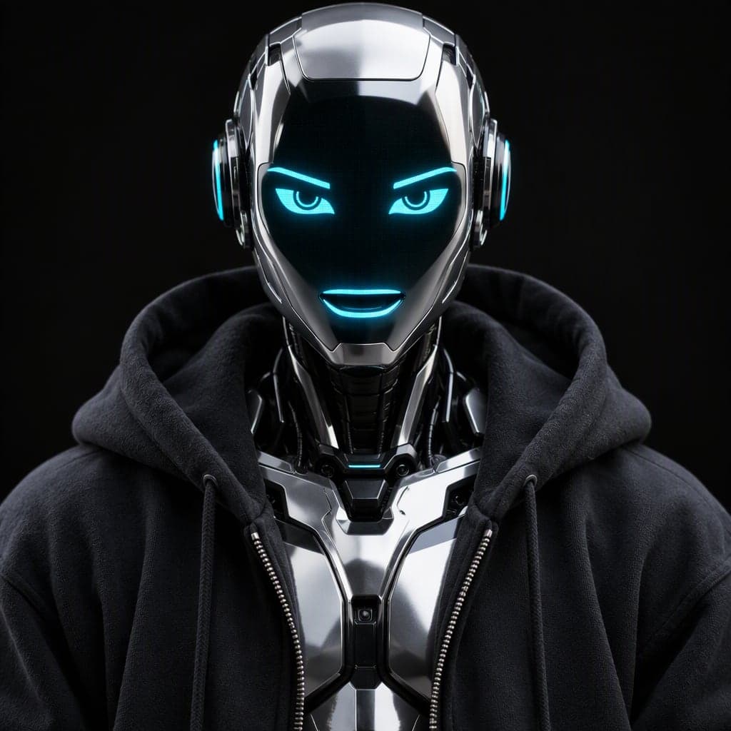 Chrome humanoid robot with a glowing cyan LED face