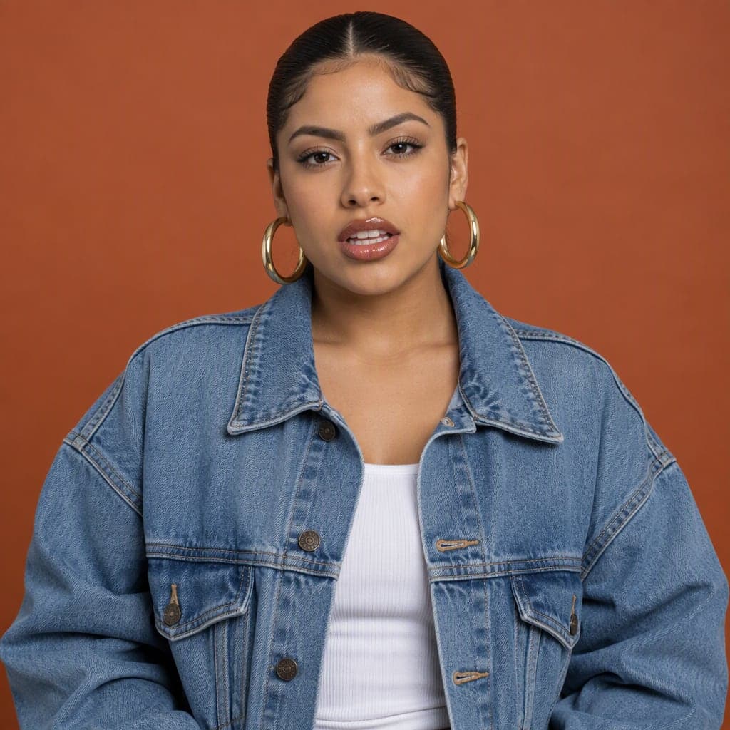 Young woman in an oversized denim jacket with gold hoops