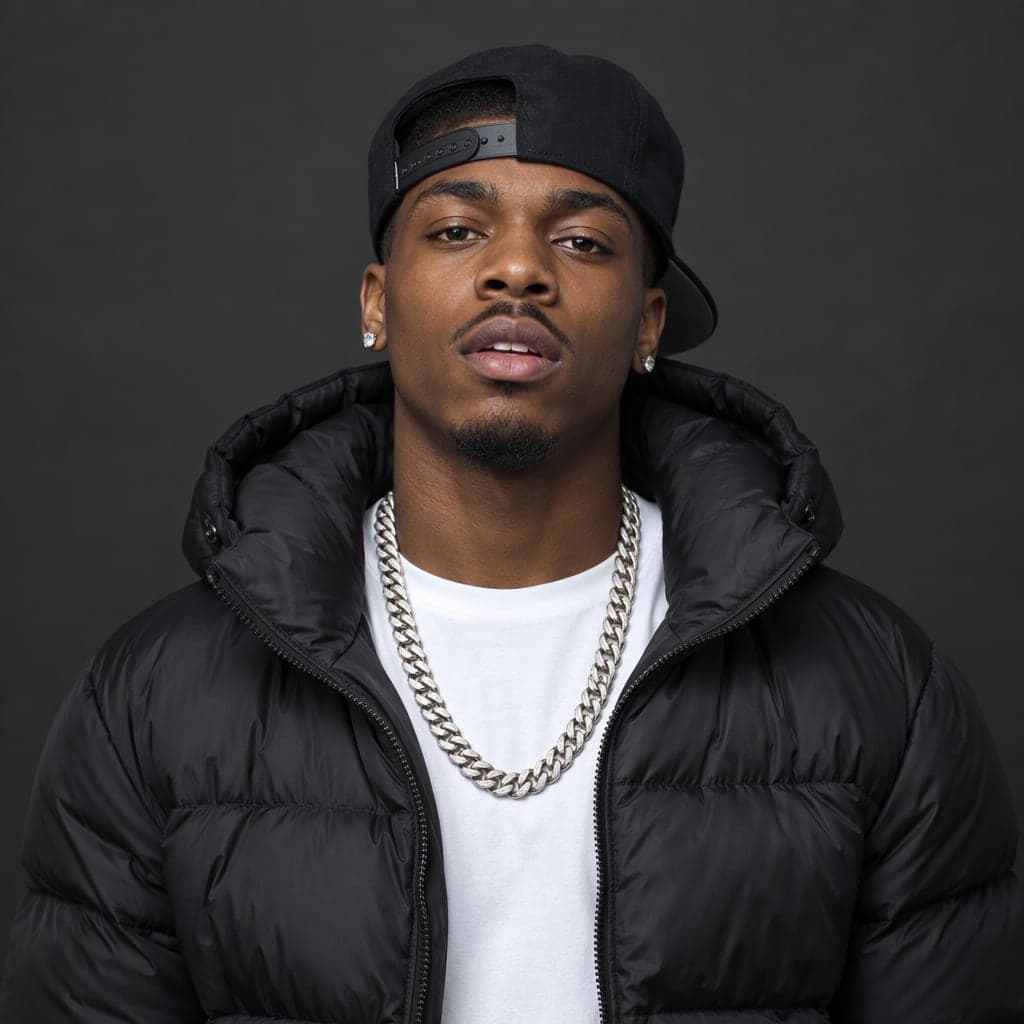 Young man in a black puffer jacket, chain and snapback