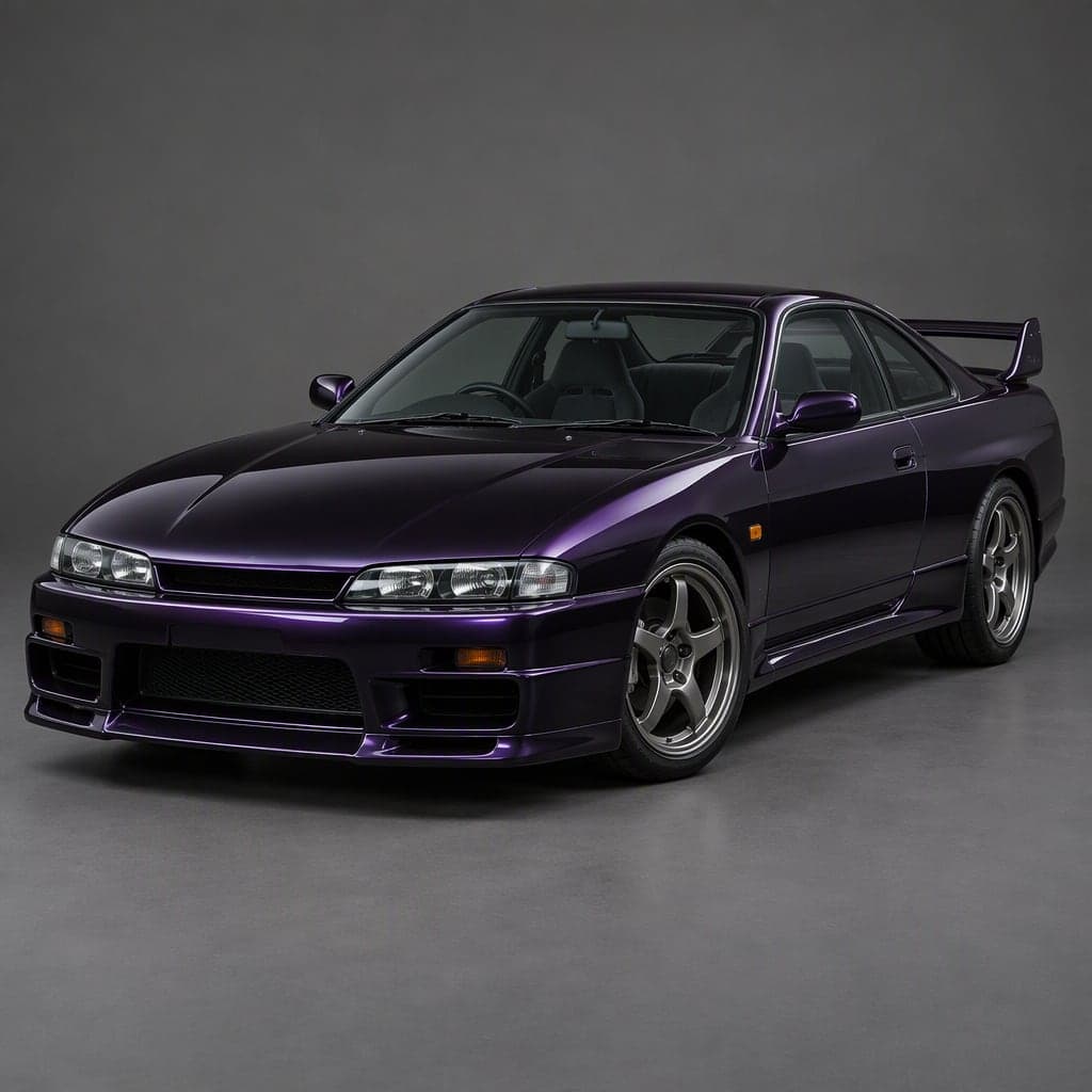 Midnight purple 1990s-style Japanese sports coupe with rear wing