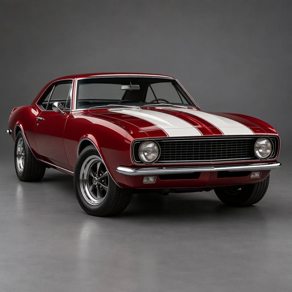 Deep red 1960s-style muscle car with white stripes