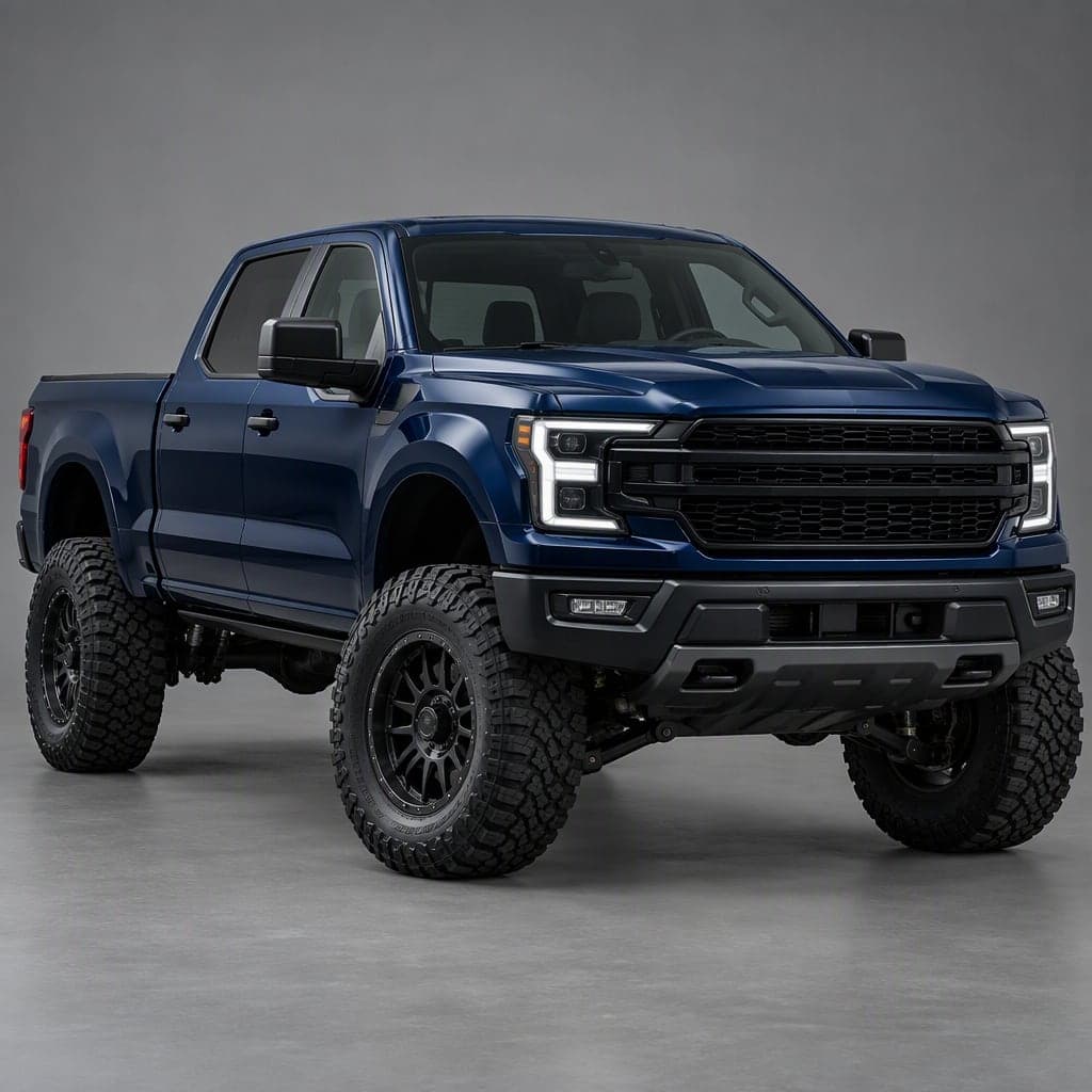 Lifted dark blue pickup truck on all-terrain tires