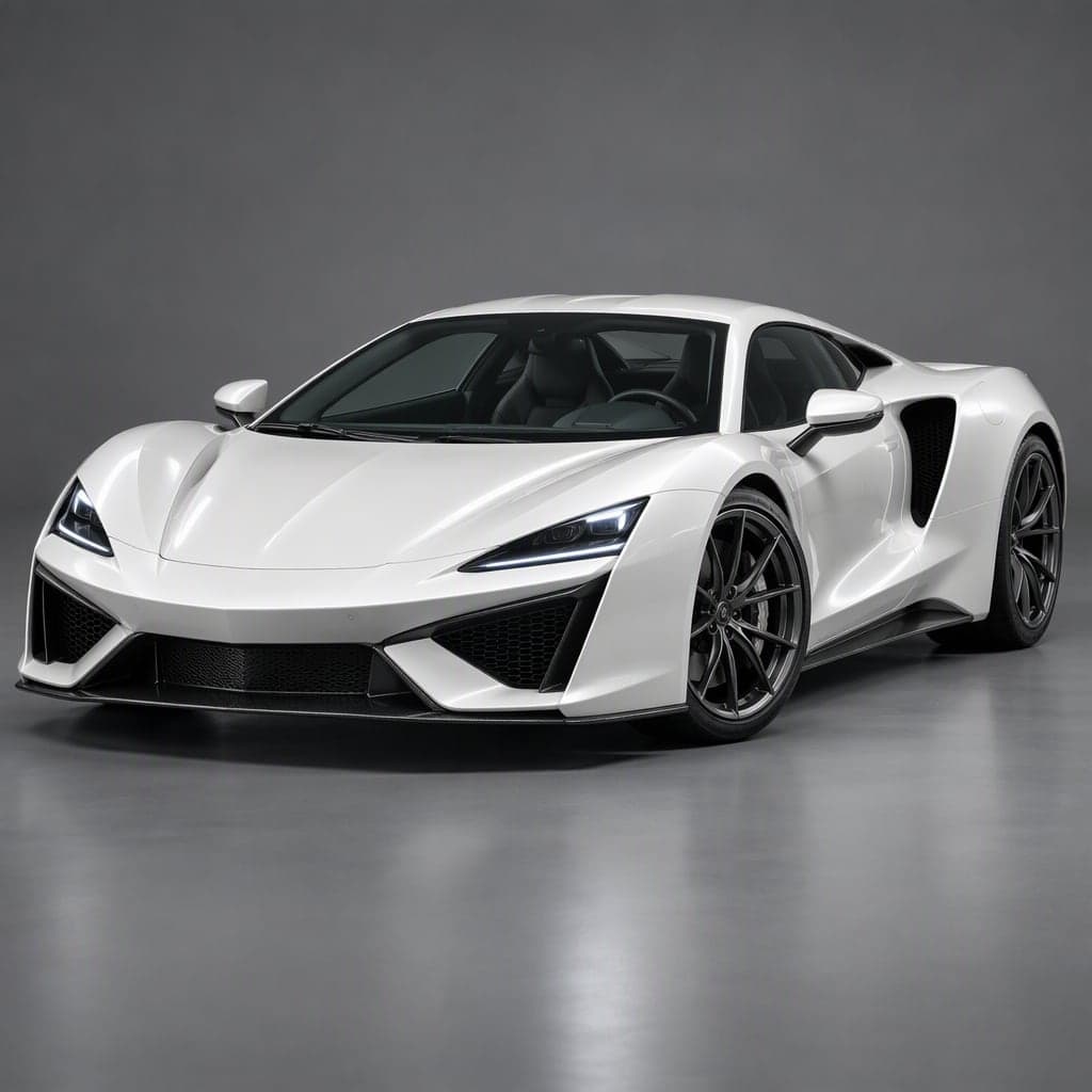 Pearl white mid-engine supercar, three-quarter front view