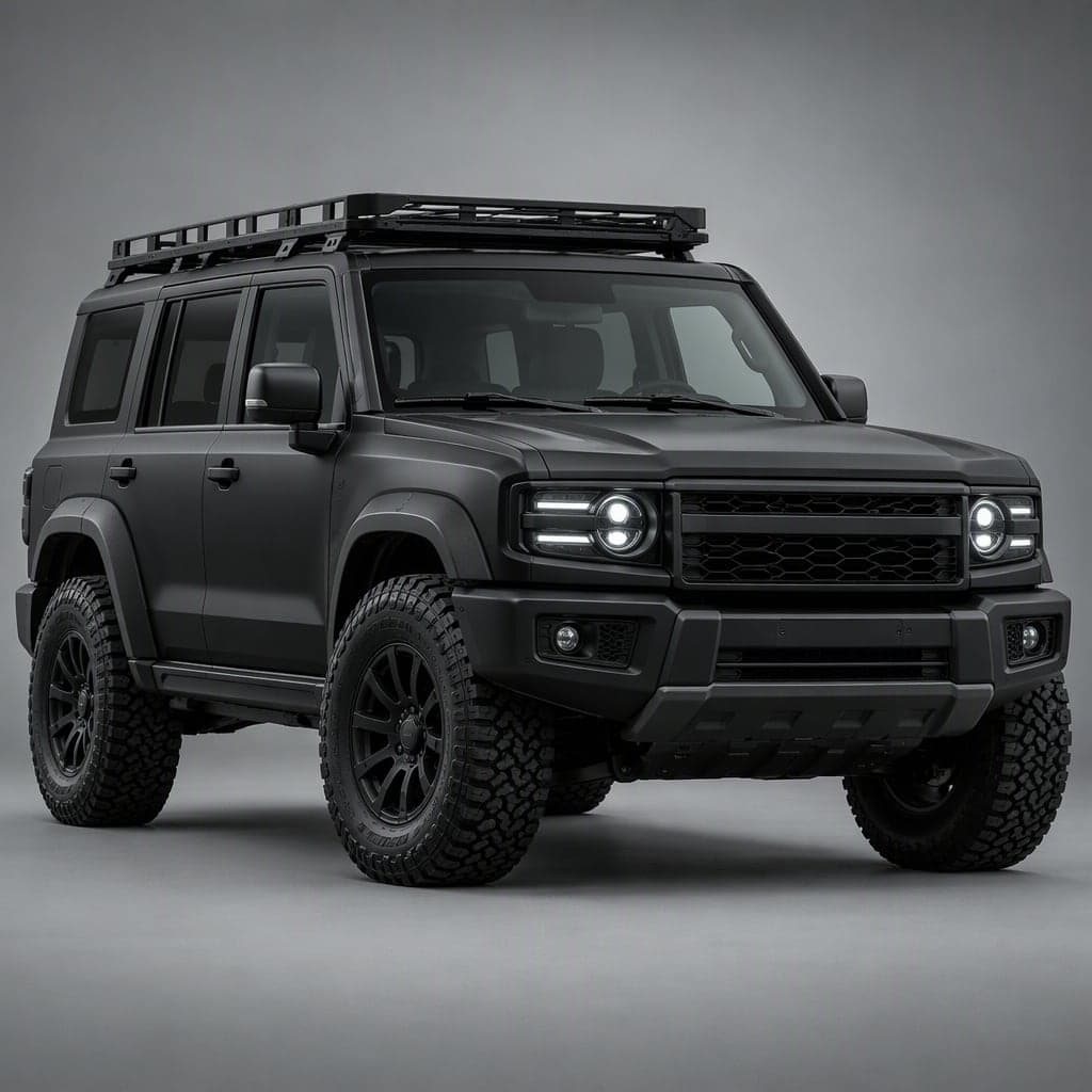 Matte black off-road SUV with roof rack