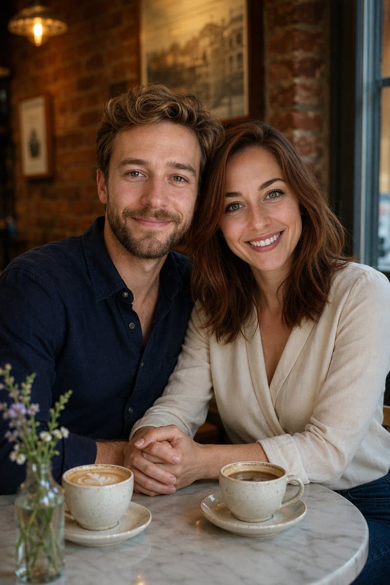 AI couple photo example — au Café scene, same couple test