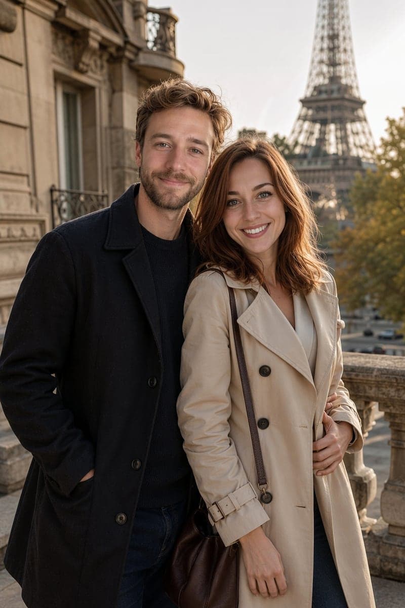 AI couple photo example — à Paris scene, same couple test