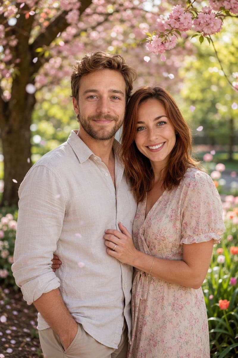 AI couple photo example — בגן scene, same couple test