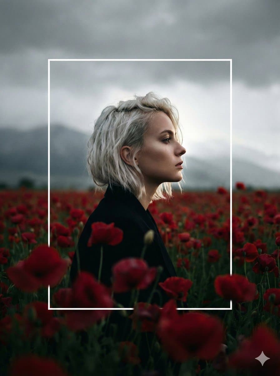 Cinematic Profile Portrait in Crimson Field with Frame Overlay