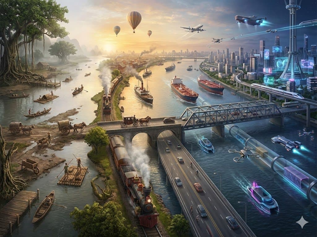 Hyper-realistic Transportation Evolution Panoramic Landscape Prompt