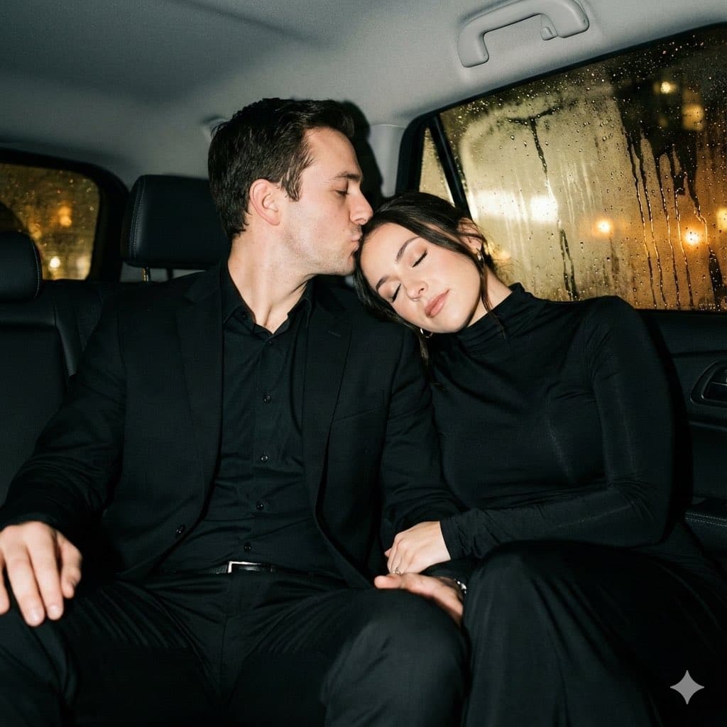 AI couple photo template — פורטרט רכב לילי עם פלאש בסגנון Y2K
